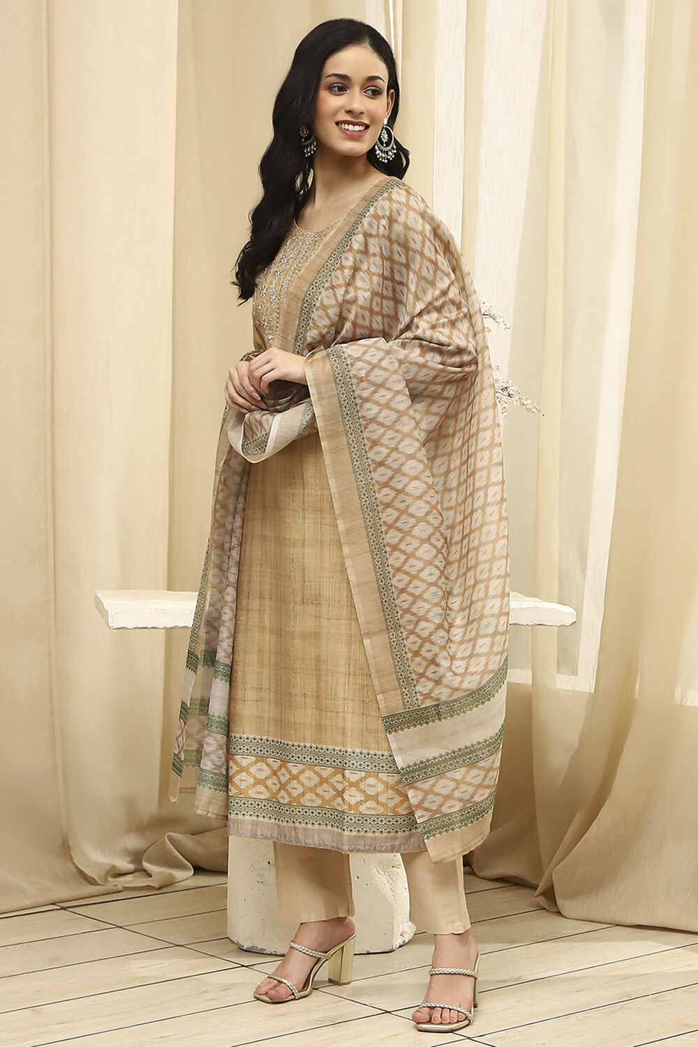 Beige Cotton Machine-Embroidered Unstitched Suit Set image number 1