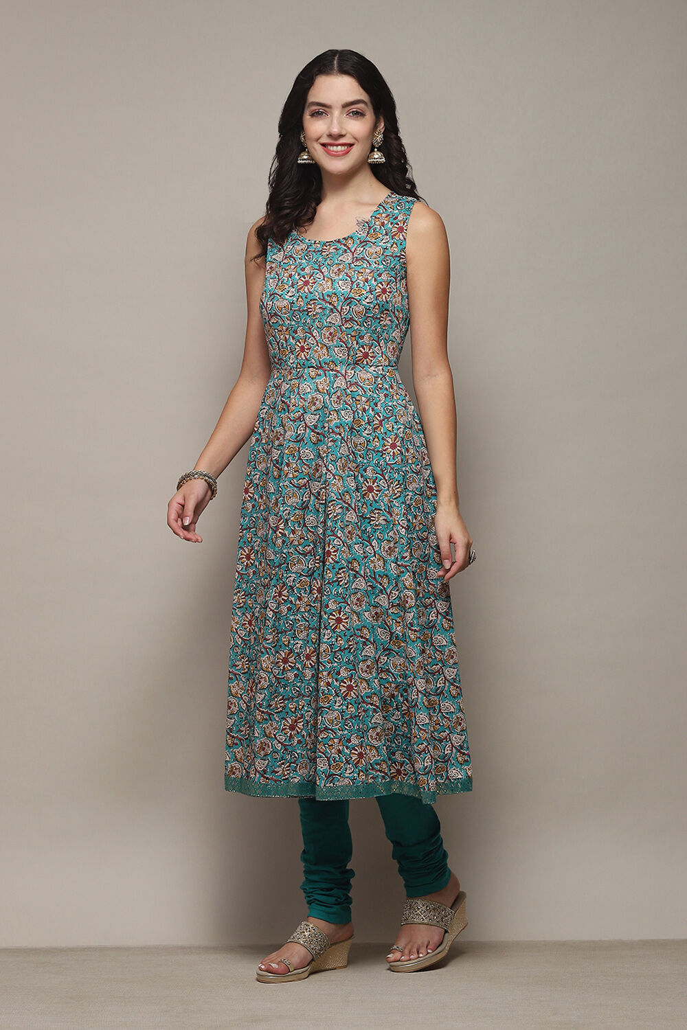 Off White Cotton Layered Printed Kurta Churidar Suit Set image number 8