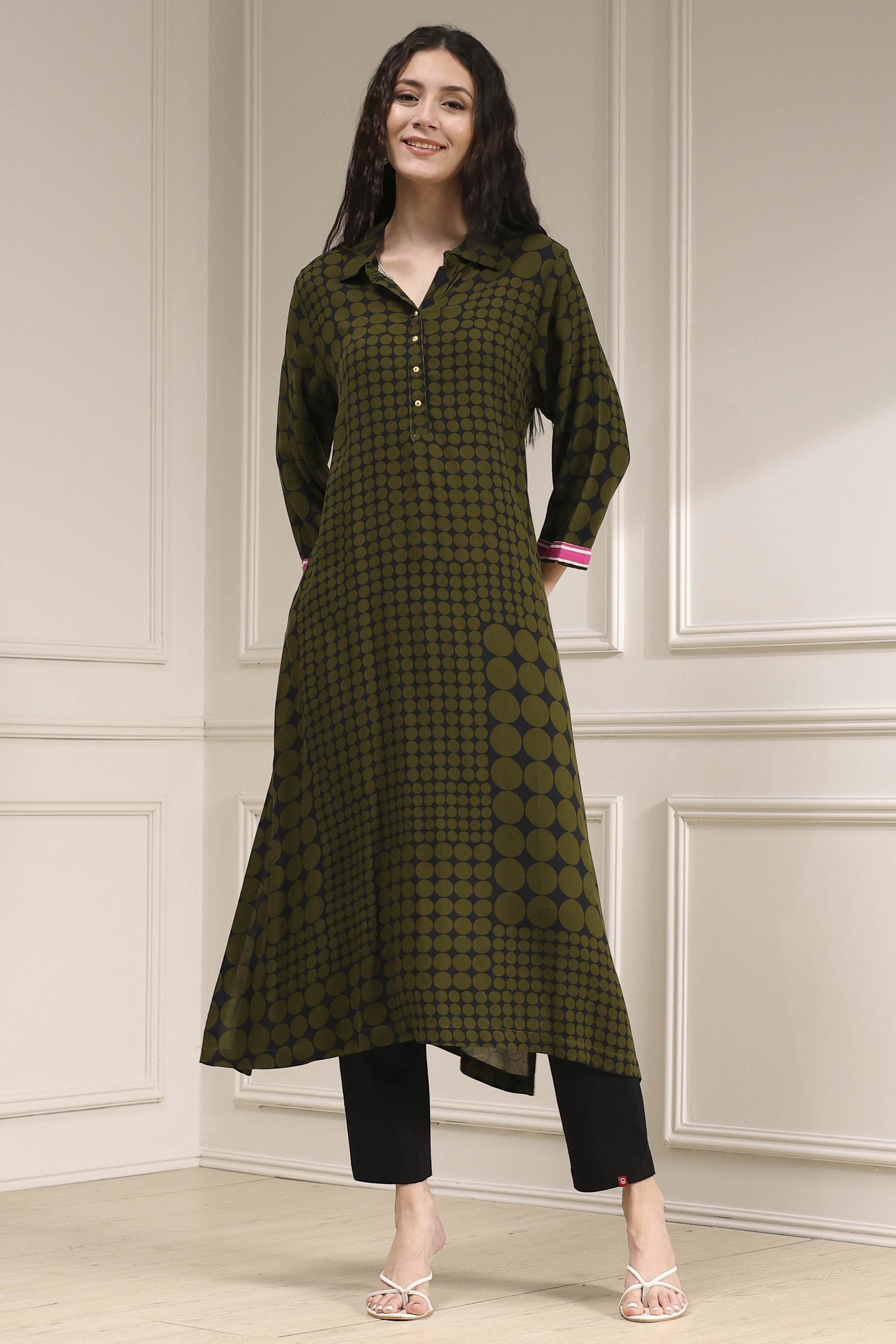 Olive Green Printed Straight Kurta image number 6