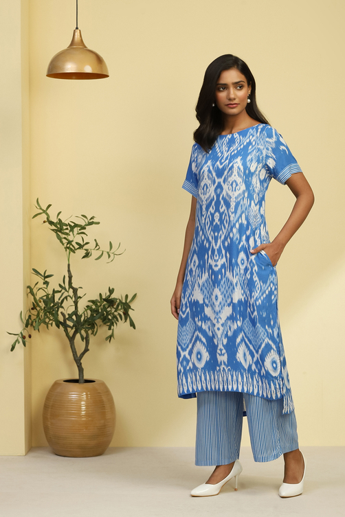 Blue Printed Straight Kurta Set image number 2