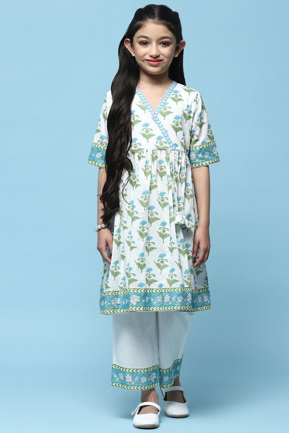 White Printed Cotton Flared Kurta With Straight Palazzo image number 6