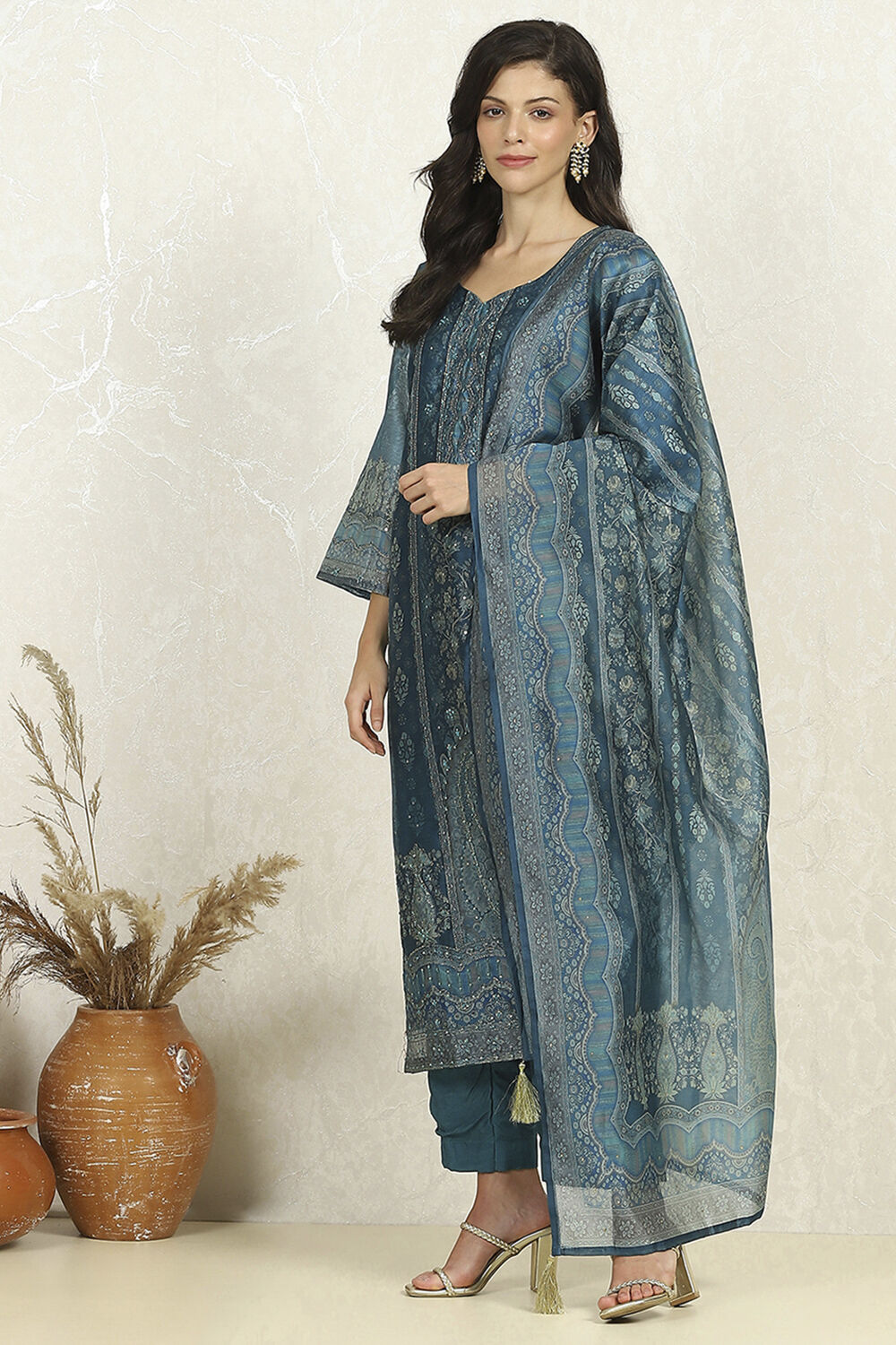 Teal Chanderi Unstitched Suit Set image number 4