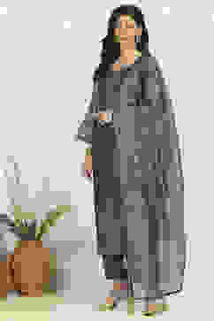 Teal Chanderi Unstitched Suit Set image number 4