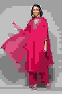 Fuchsia LIVA Gathered Kurta Palazzo Suit Set image number 0