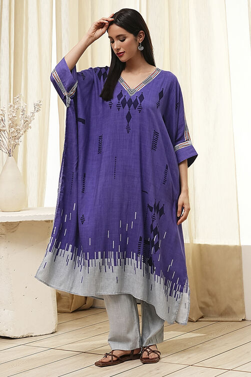 Blue Printed Kaftan-Style Kurta Set image number 3