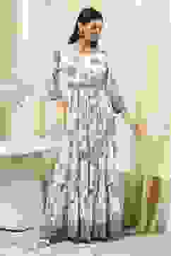 Ecru and Blue Printed Tiered Dress image number 5