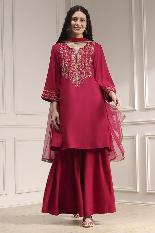 Navy Blue Embroidered Straight Suit Set image number 6