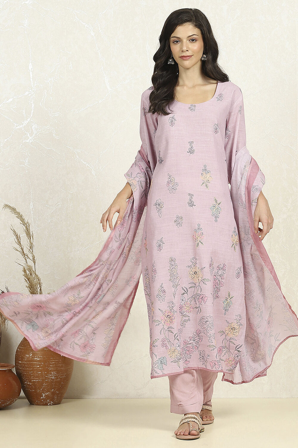 Peach Linen Unstitched Suit Set image number 1