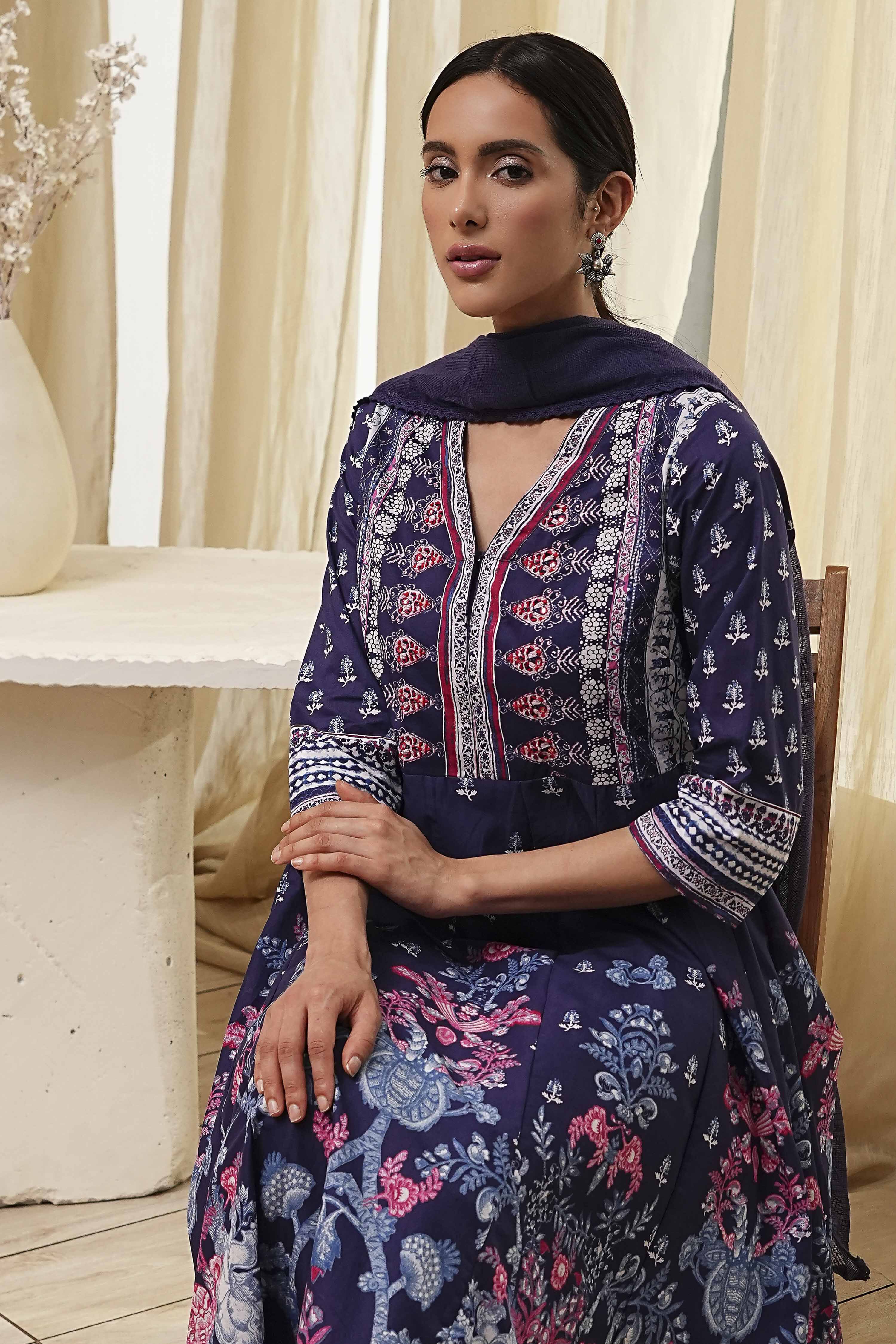 Indigo Cotton Floral Anarkali Suit Set image number 7