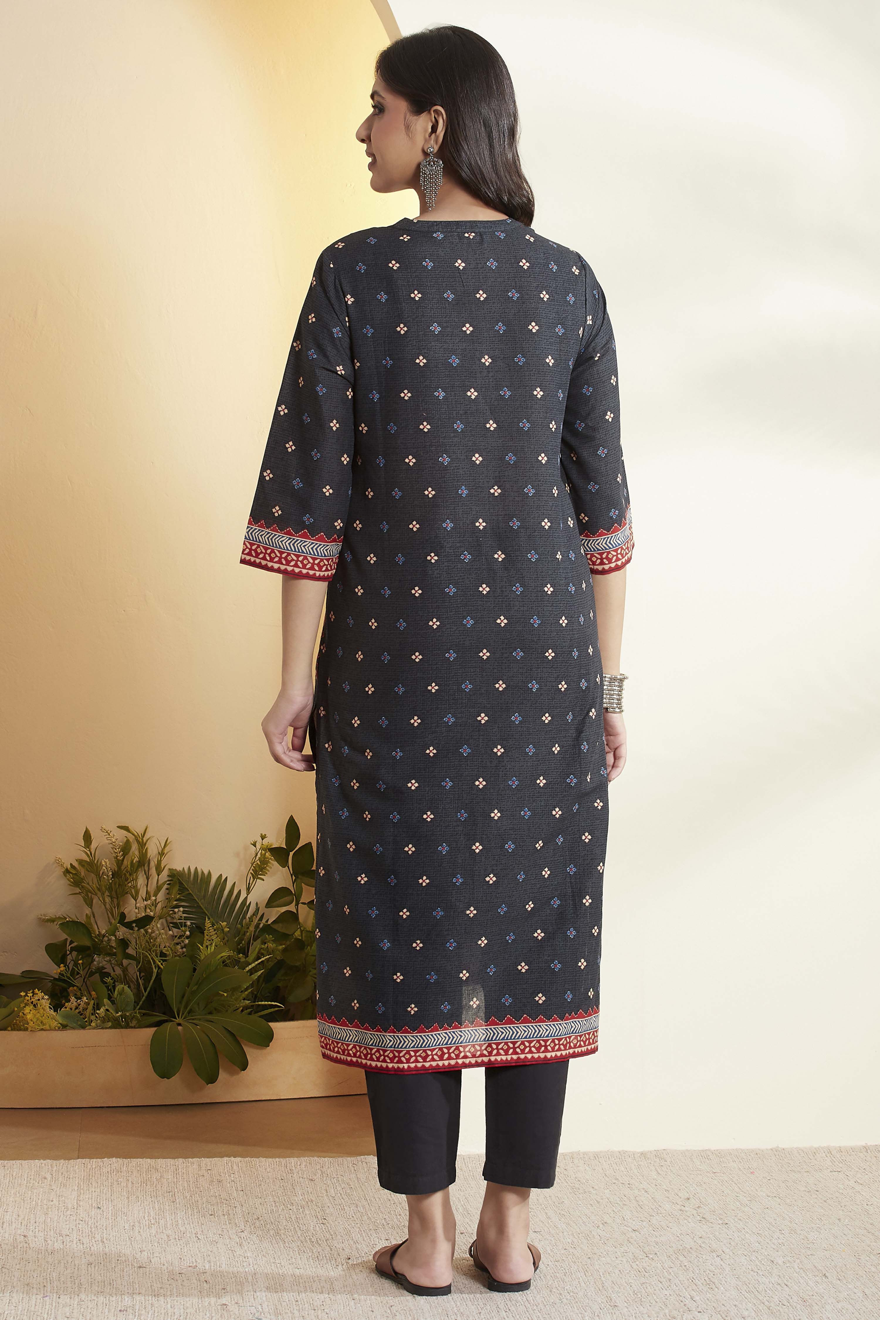 Black Cotton Printed Straight Kurta image number 5