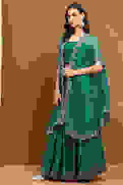 Green Silk Chanderi Festive Flared Lehenga Set image number 4