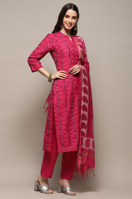 Orange Cotton Unstitched Suit set image number 7