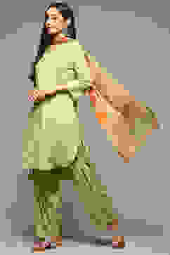 Green Cotton Blend A-Line Kurta Salwar Suit Set image number 0