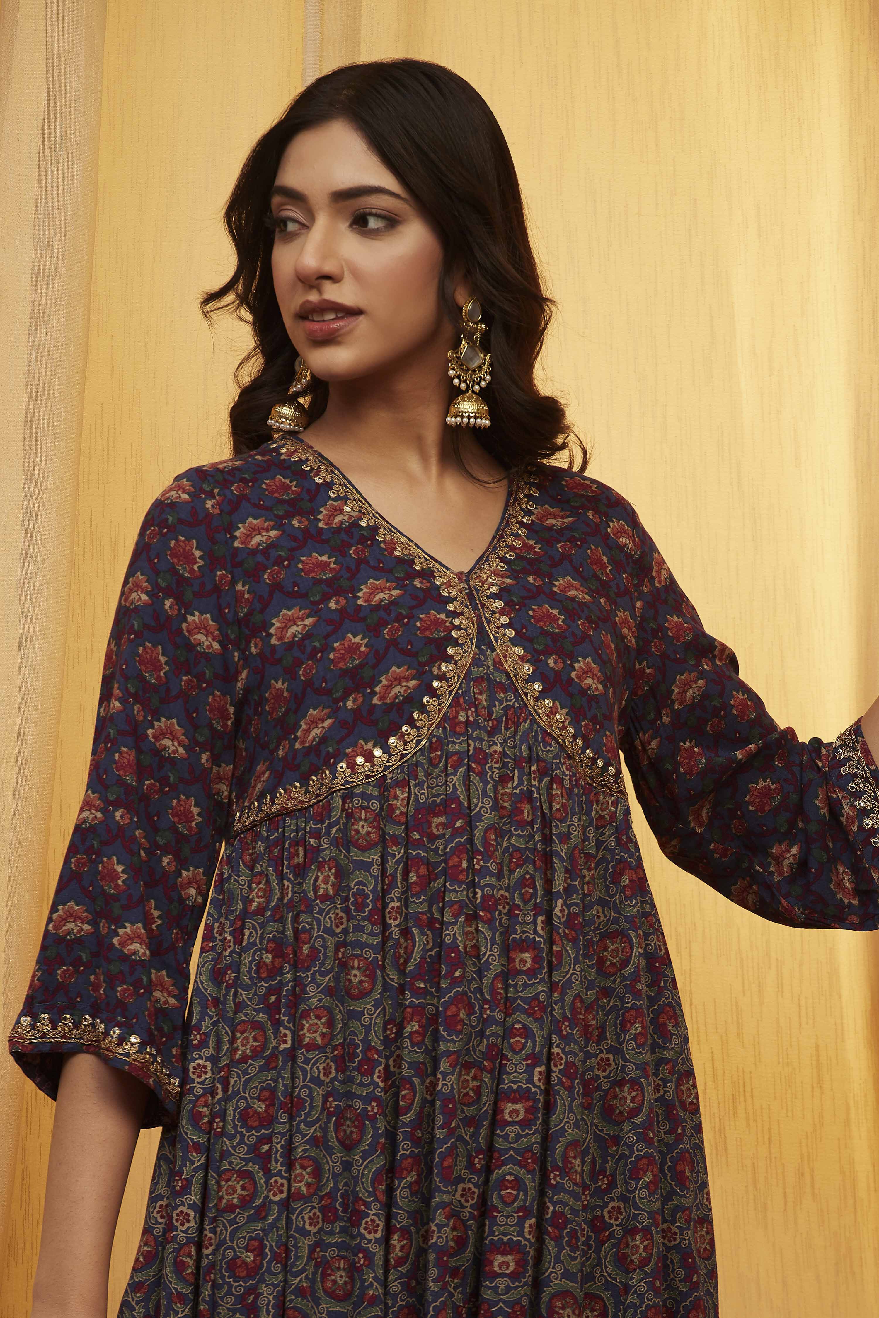 Blue Viscose Rayon Gathered Suit Set image number 1