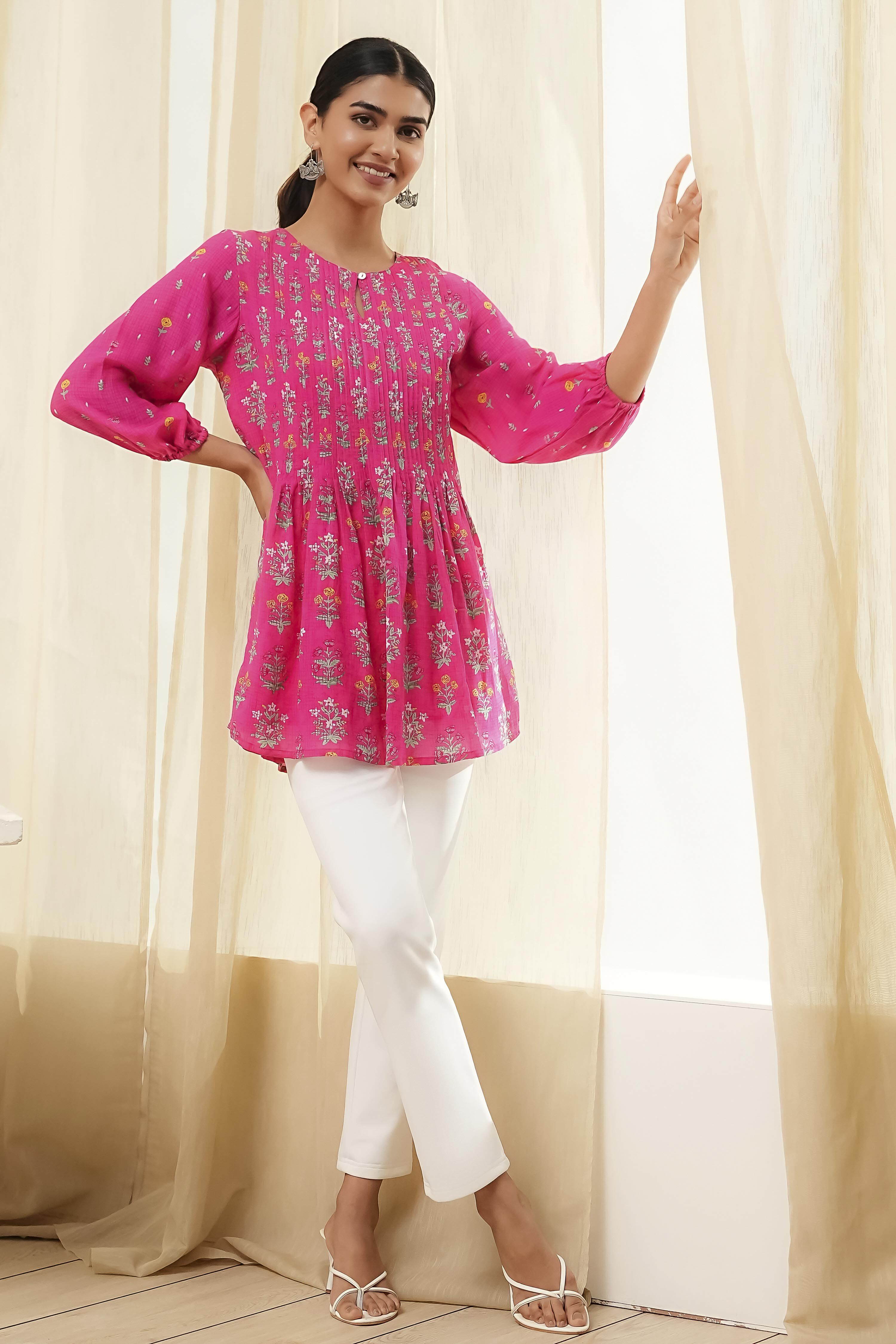 Pink Straight Printed Short Kurta image number 0