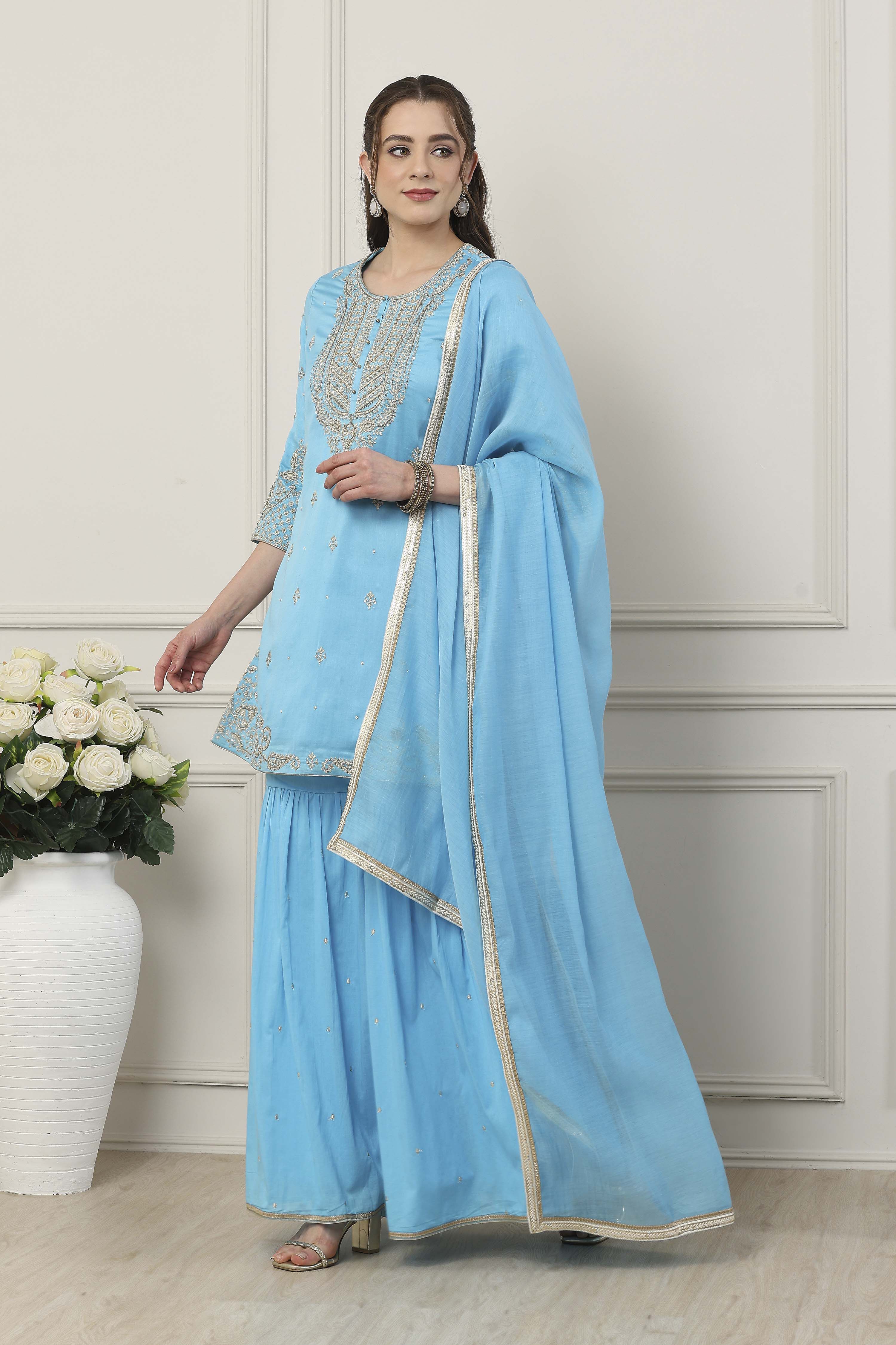 Blue Silk Chanderi Yoke Embroidered Straight Suit Set image number 3