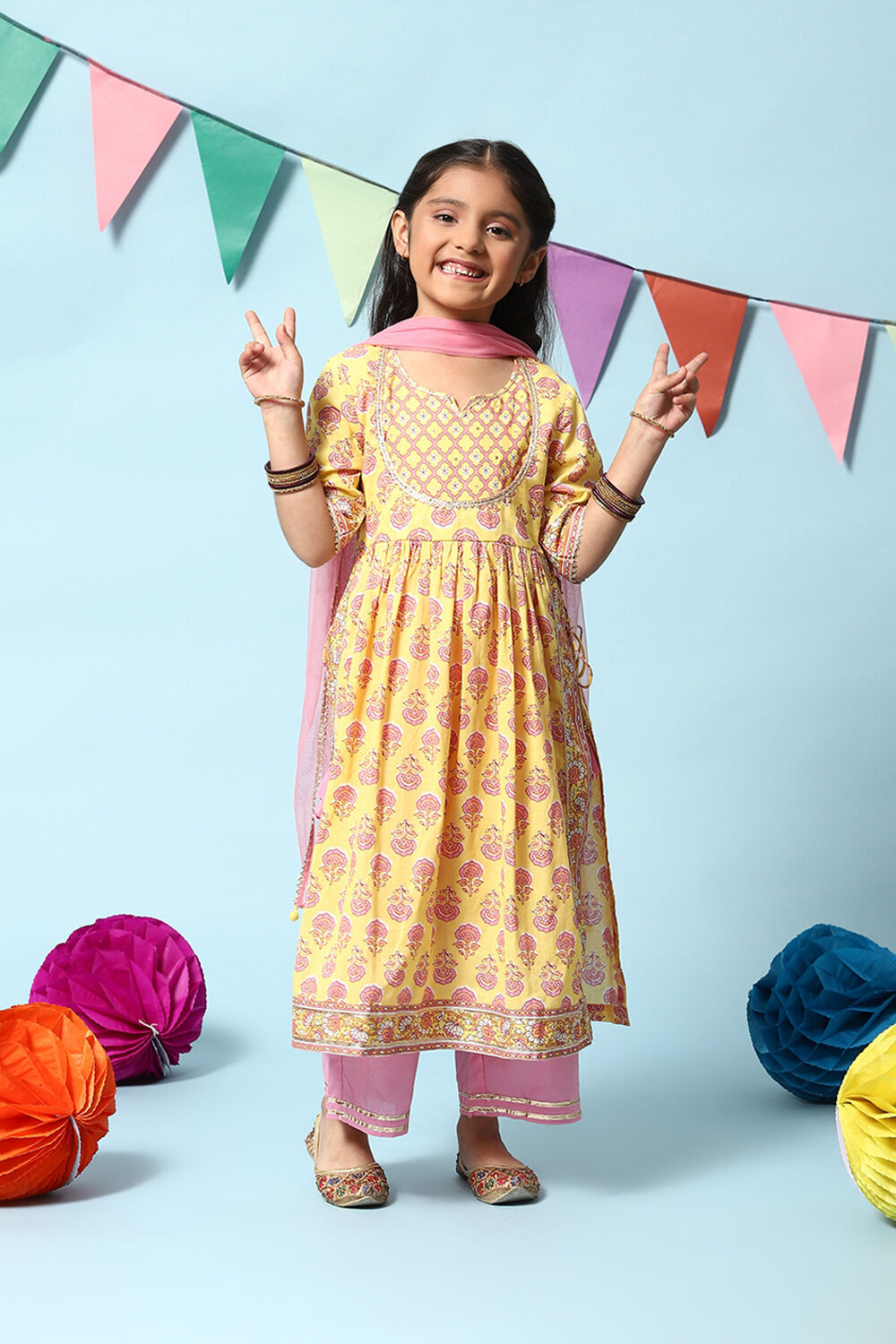 Yellow Cotton Flared Kurta Straight Palazzo Suit Set image number 0