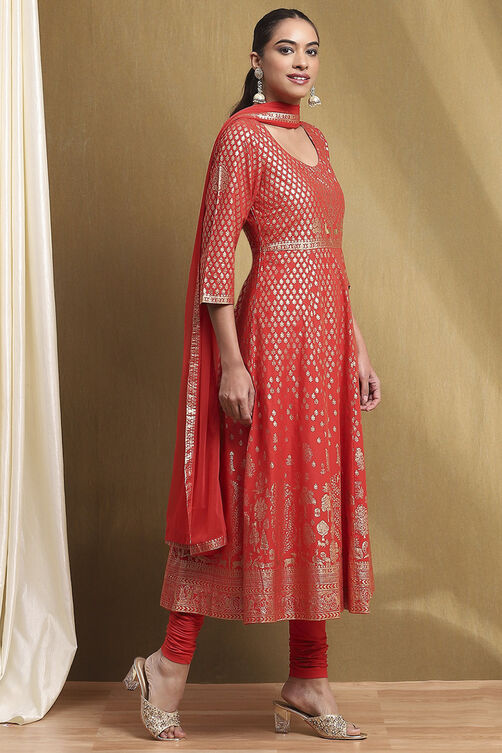 Red Cotton Printed Anarkali Suit Set image number 5