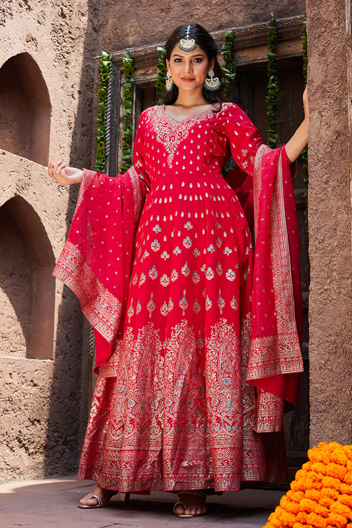 Buy Red Silk Anarkali Kurta Churidar Suit Set Online at Biba India