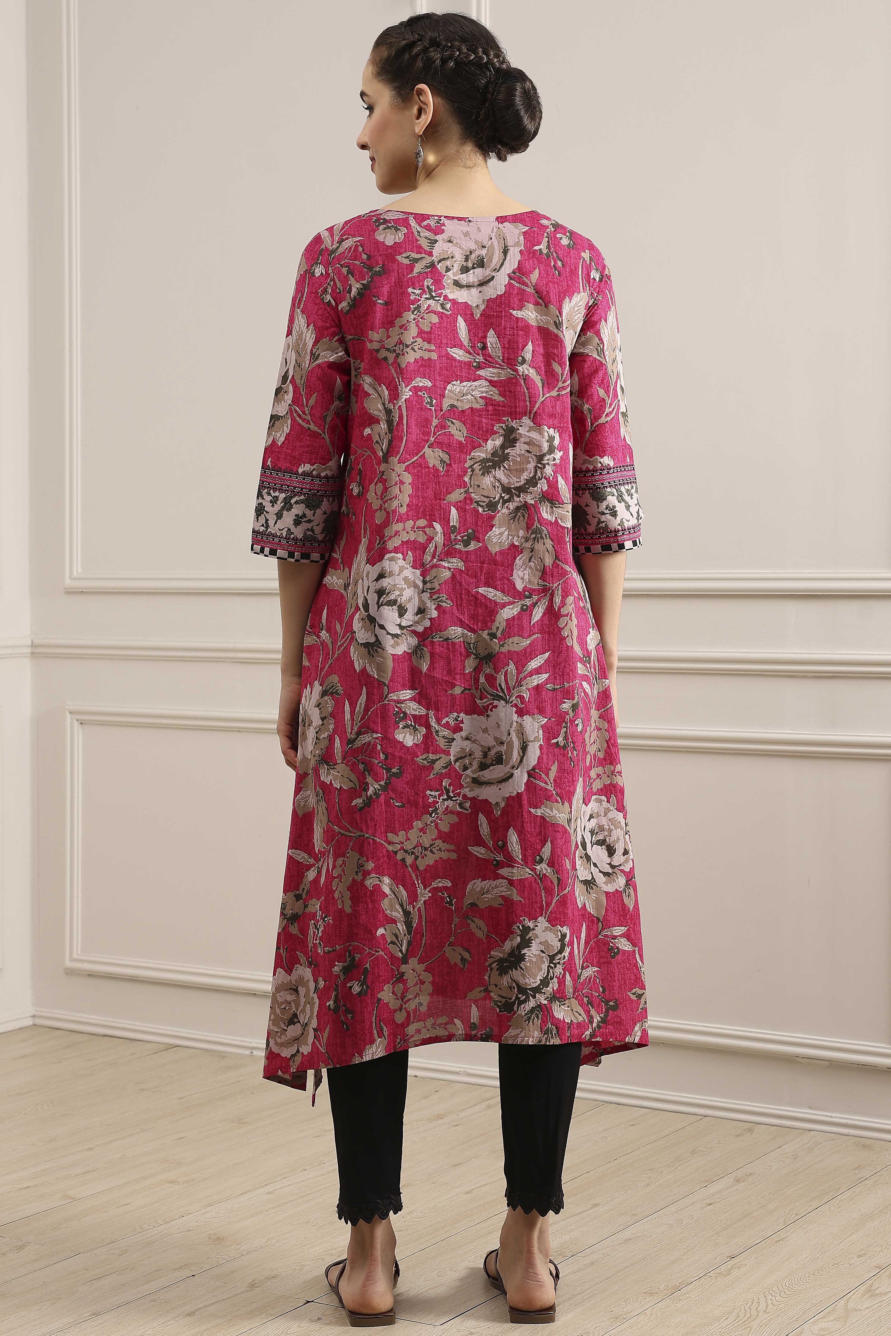Pink Cotton Printed Straight Kurta image number 3