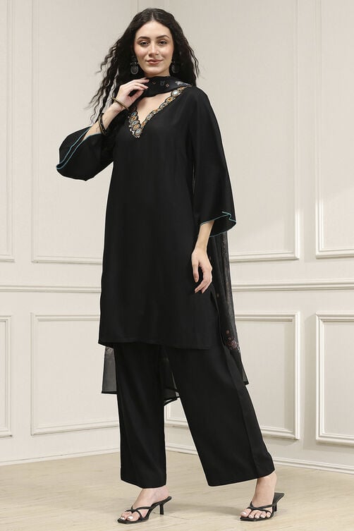 Black Viscose Rayon Relaxed Solid Suit Set image number 3