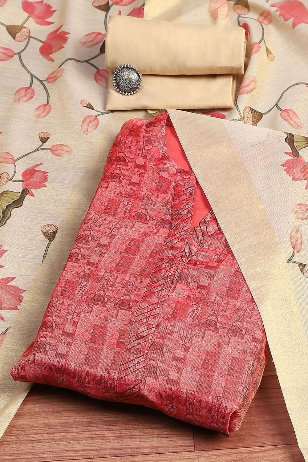 Red Cotton Printed Unstitched Kurta Set image number 0