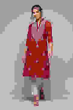 Green & Maroon Polyester Straight Yarndyed Kurta image number 5