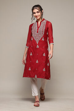 Green & Maroon Polyester Straight Yarndyed Kurta image number 5