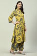 Yellow Grey LIVA Straight Printed Kurta Set image number 3