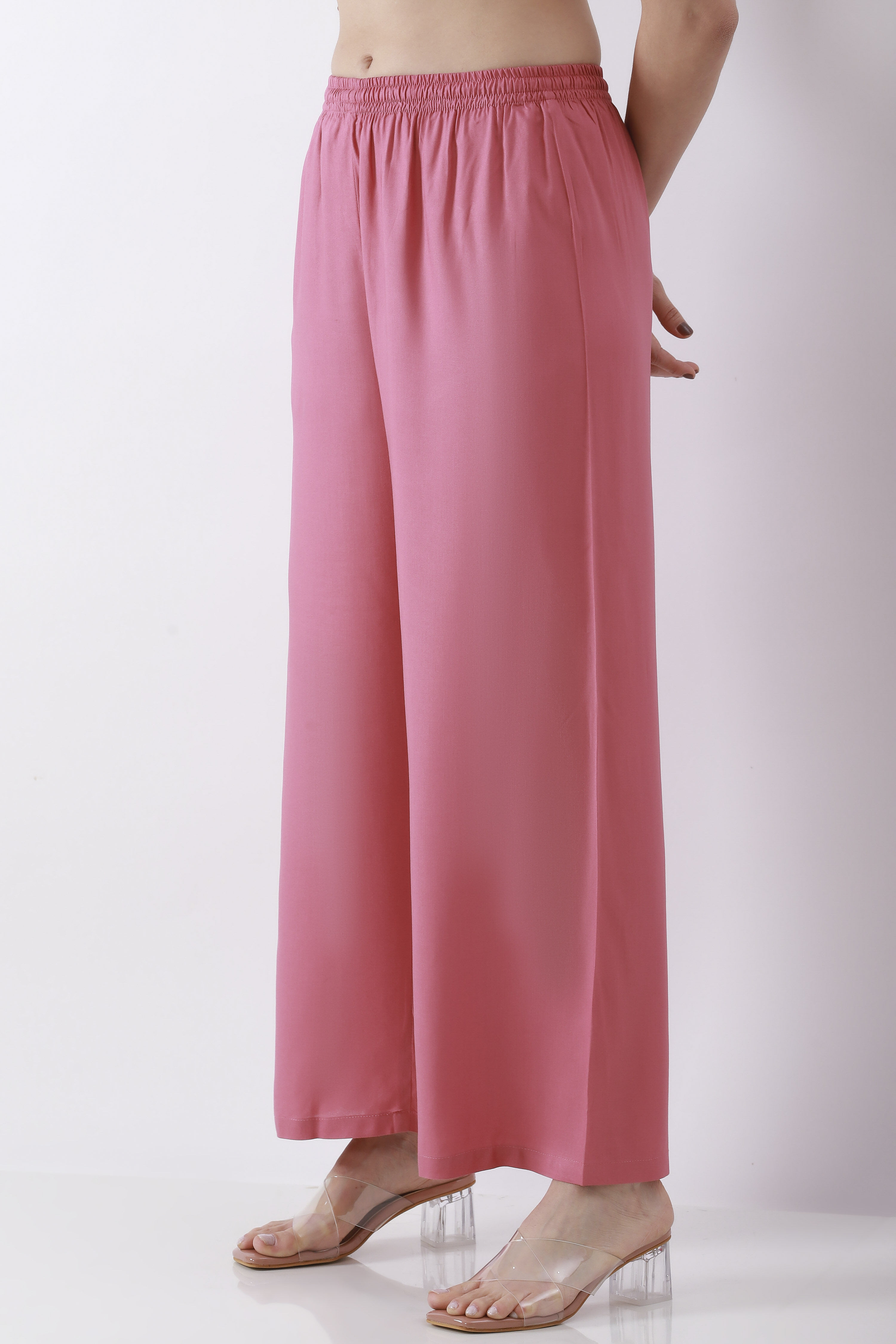 Light Pink Solid Straight Palazzos image number 2