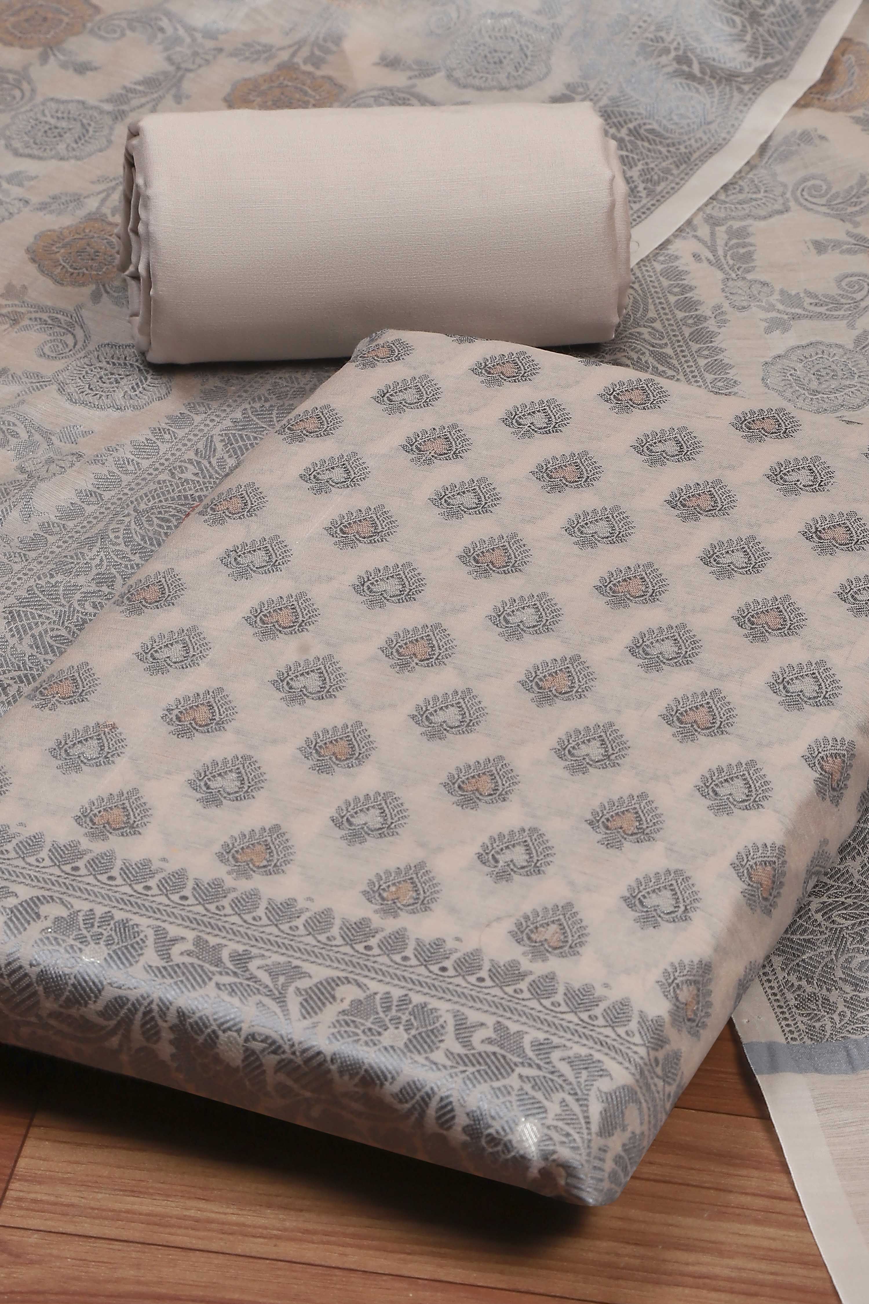 Beige Cotton Printed Embroidered Unstitched Suit Set image number 1
