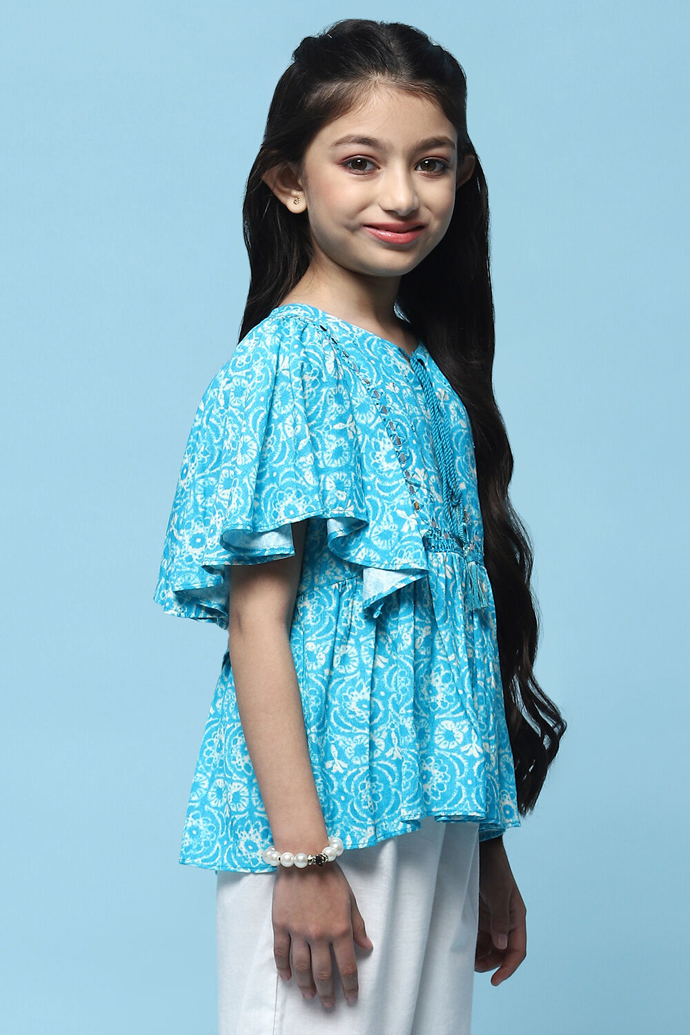 Aqua Printed Rayon Top With Mirror Detail image number 4