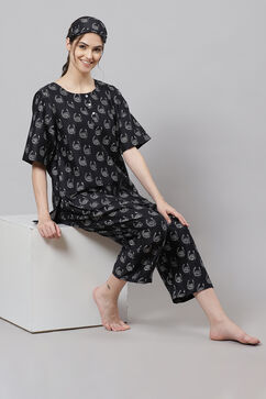 Black Straight Cotton Three Piece Printed Sleepwear Set image number 0