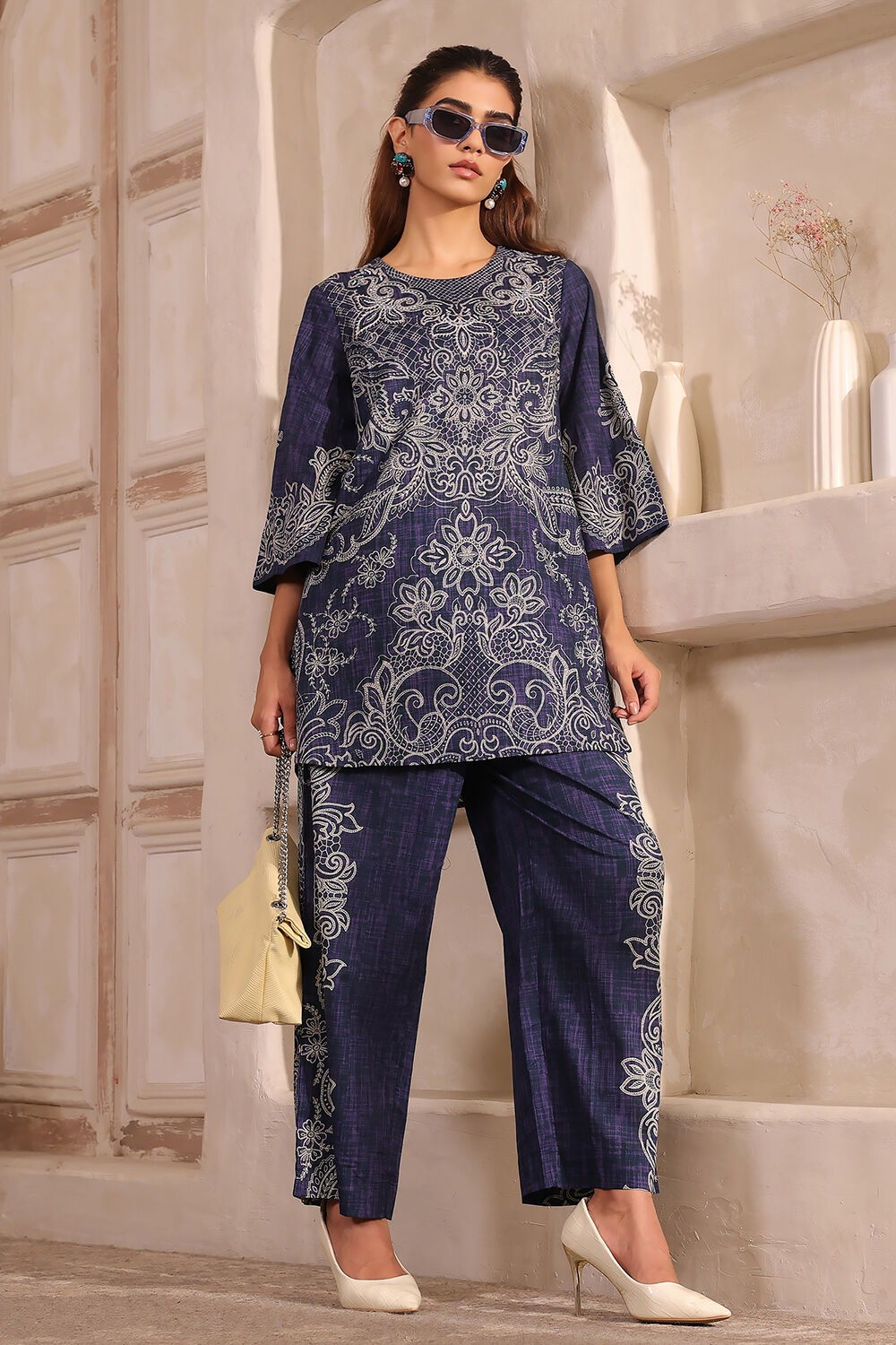 Blue Cotton Straight Printed Kurta Pants Set image number 6