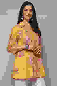 Yellow Cotton Straight Kurta image number 4