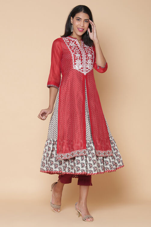Terracotta Cotton Silk Double Layered Embroidered Kurta image number 0