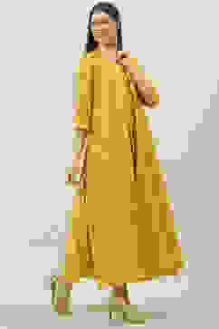 Mustard Art Silk Flared with Cape Dress image number 6