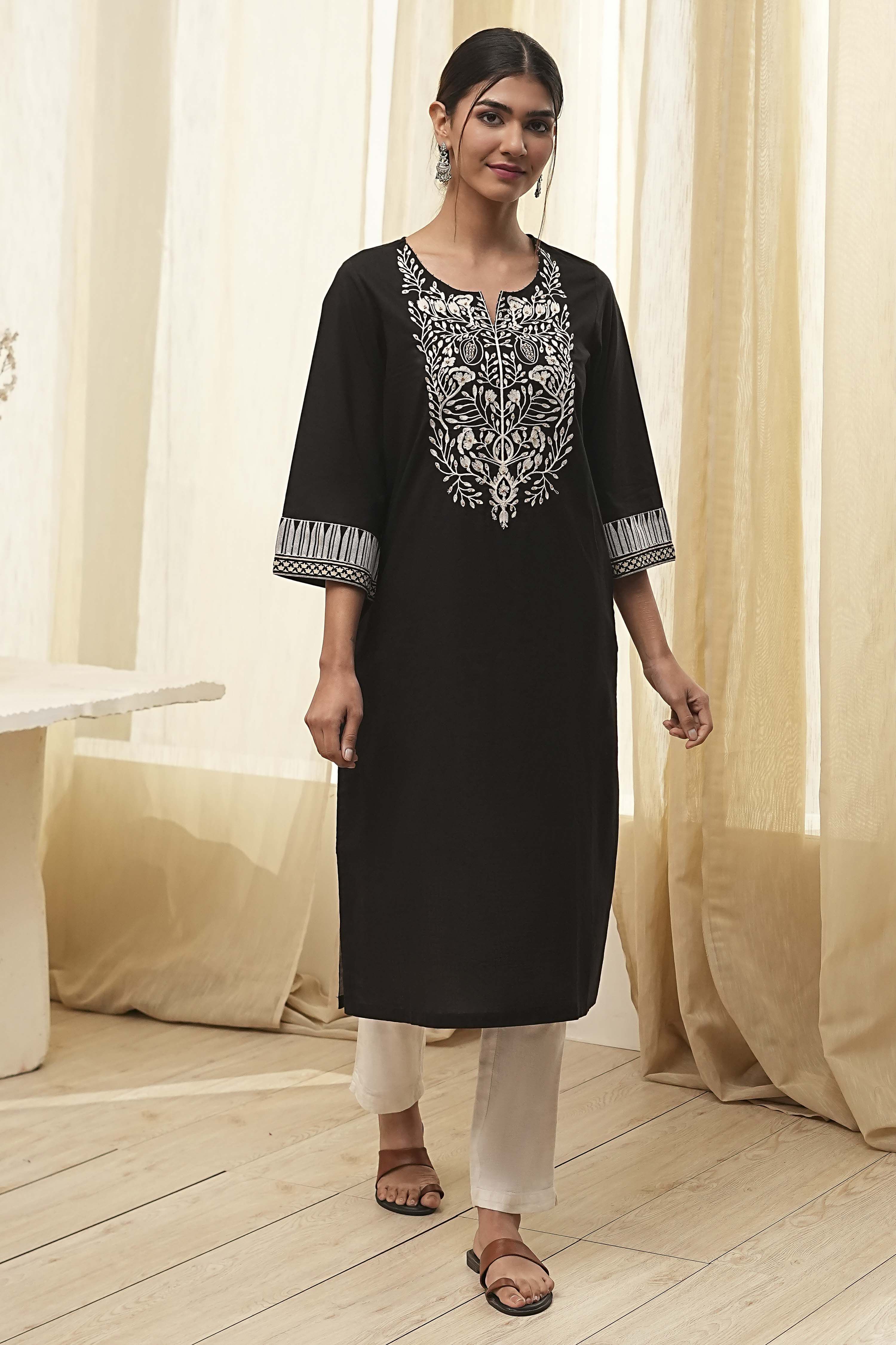 Black Pure Cotton Embroidered Straight Kurta image number 5