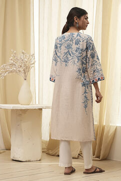 Beige and Blue Cotton Floral Straight Kurta image number 3