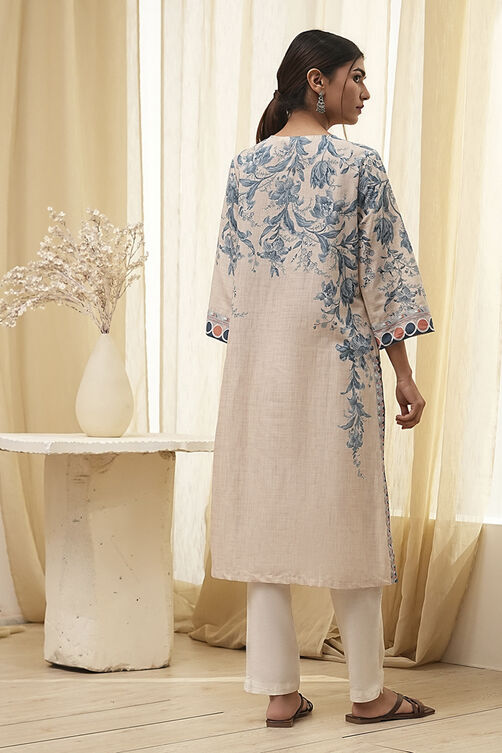 Beige and Blue Cotton Floral Straight Kurta image number 3