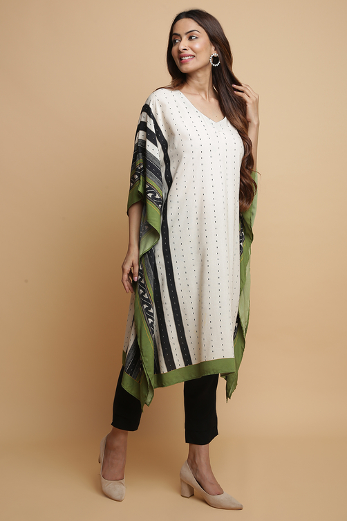 Cream And Black Rayaon Straight Kurta Pant Suit Set image number 4