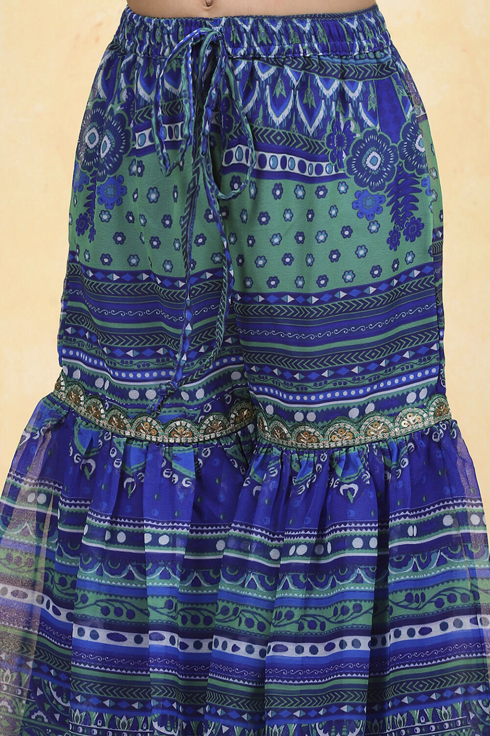 Blue Polyester Printed Gathered Sharara Suit Set image number 2