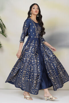 Navy Art Silk Fusion Dress image number 2