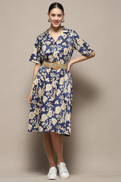 Blue Pure Cotton Floral Printed Straight Dress image number 0