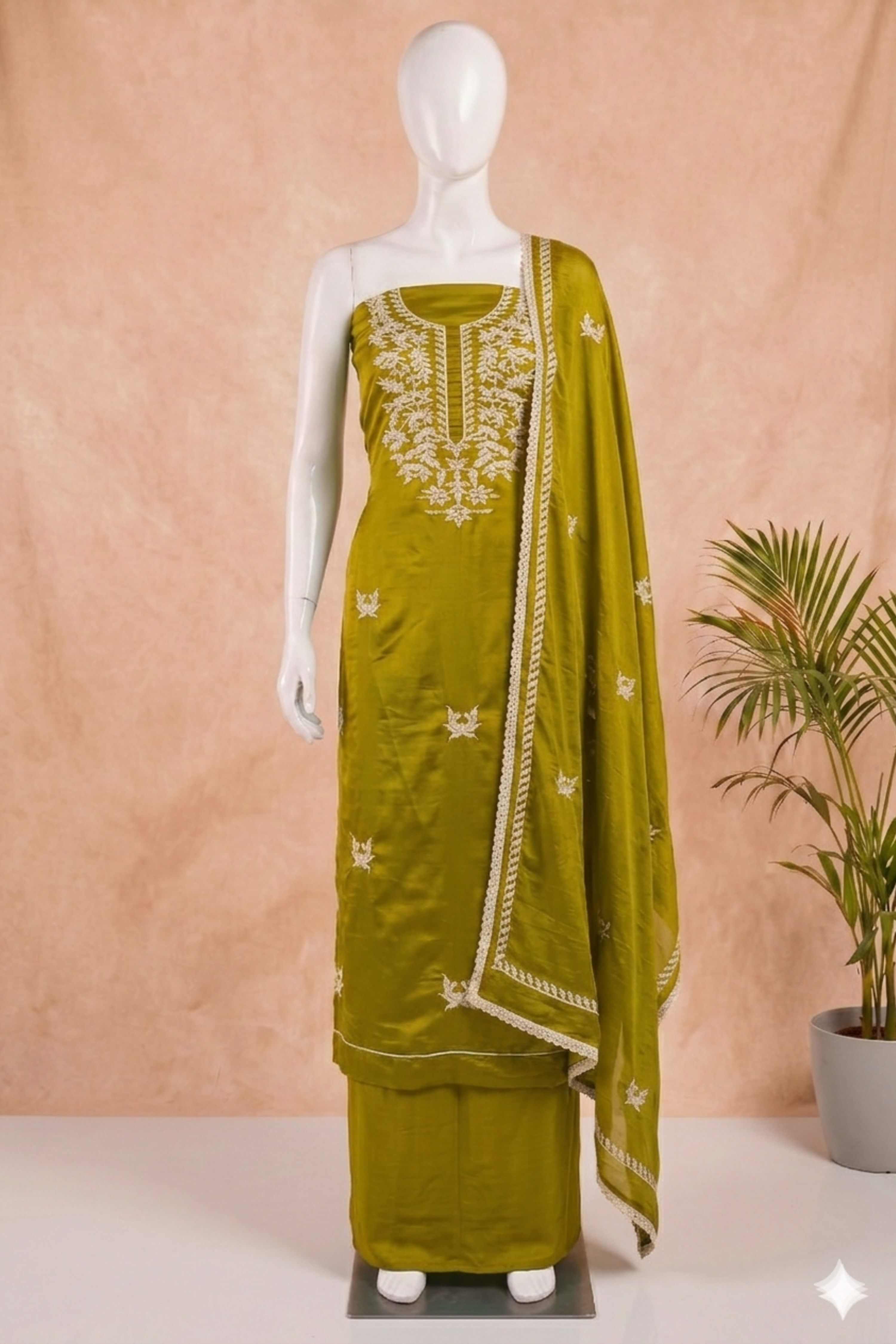 Olive Chanderi Printed Unstitched Suit Set image number 4