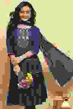 Navy Blue Cotton Tiered Solid Suit Set image number 7