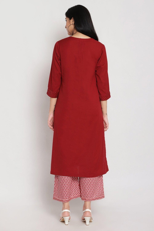 Red Straight Kurta Palazzo Suit Set image number 4