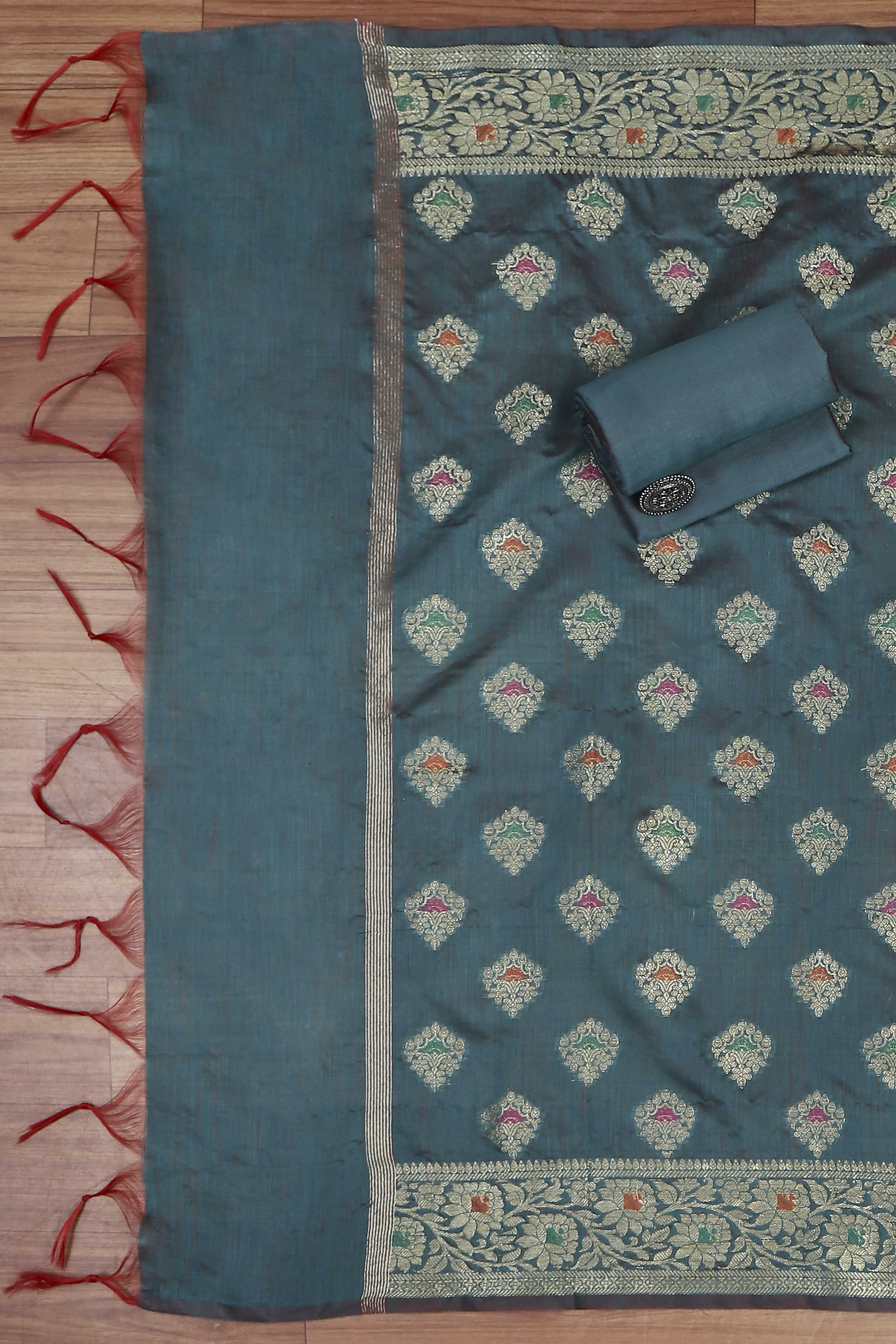 Teal Cotton Printed Embroidered Unstitched Suit Set image number 3