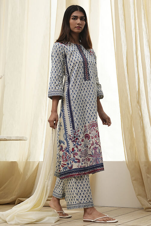 Off-White Cotton Printed Straight Suit Set image number 0