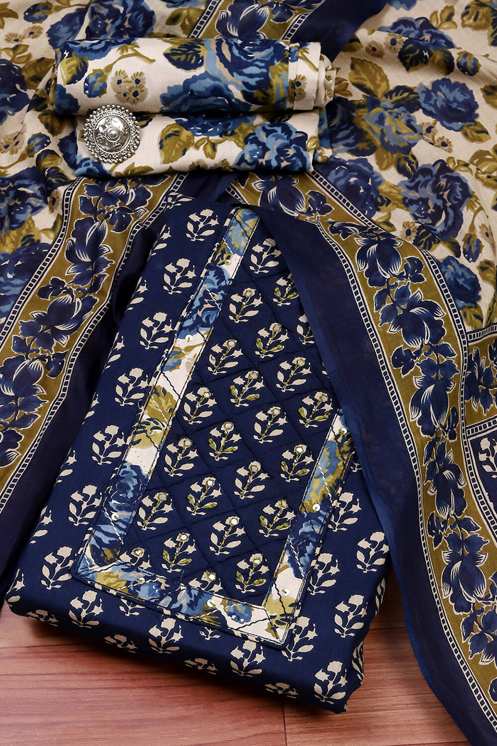 Blue Cotton Printed Unstitched Suit Set image number 0